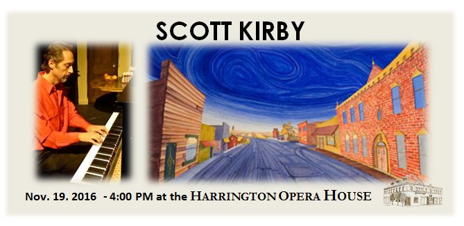 Scott Kirby at a piano and one of his paintings - promo for Nov 19 2016 event at Harrington Opera House